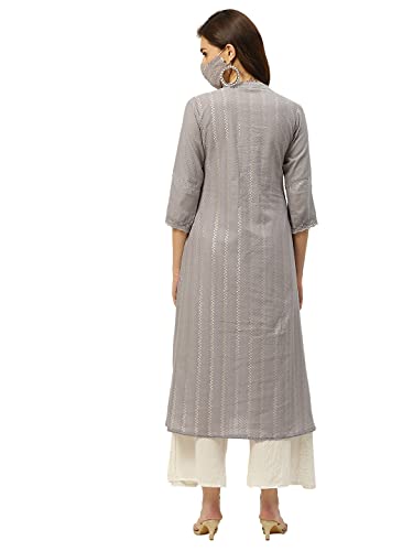 Image of Juniper Grey Solid Cotton Dobby A-Line Kurta with Buttons for Women
