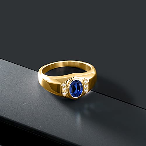 Gem Stone King Men's Gemstone Birthstone and White Created Sapphire Ring in 18K Yellow Gold Plated Silver | Oval Cut 8X6MM with Round 1.25MM Accents | Fine Jewelry For Men | Sizes 7-134