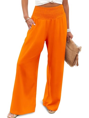 JZC Pants for Women Flowy Summer High Waisted Wide Leg Pant with Pockets Lounge Trousers Casual Palazzo Pants Orange M
