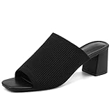 Rilista Womens Open Toe Heeled Mules Block Heels Sandals Knit Chunky Heels Slip On Breathable Slides Sandal Black