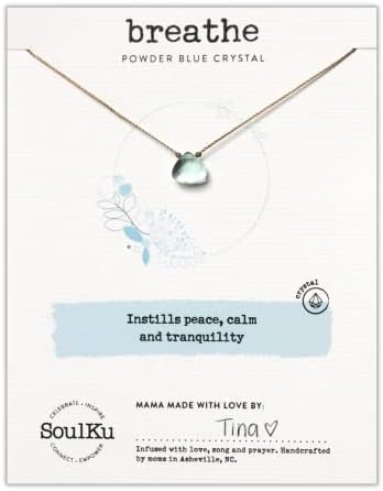 SoulKu Soul Shine Handmade Necklace, Empowering Jewelry With Healing Crystal, Inspirational Jewelry For Women, Mom & Sister, 2"" Extender With Lobster Clasp, 16"" Nylon Cord (Powder Blue, Breathe)