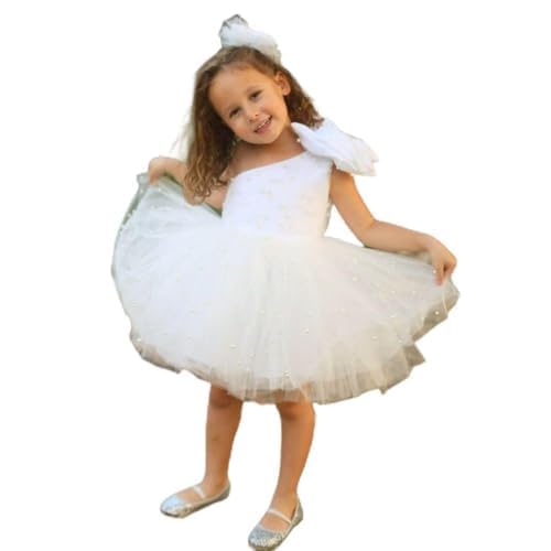 Baby Tulle Dress Ball Gown - Toddler First Birthday Party Outfit - One Shoulder Dress with Pearls - Off-Shoulder Style for Baby Girls - Elegant Tulle Gown for Weddings & Special Occasions