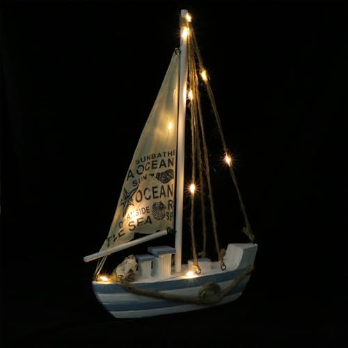 Barco decorativo blanco de madera con luz LED náutica para adornar baldas 2