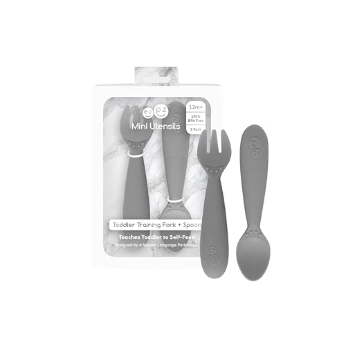 Image of ezpz Mini Utensils - 12 Months+ (Fork & Spoon in Gray) - 100% BPA Free Fork and Spoon - Toddler Utensils - Designed by a Pediatric Feeding Specialist