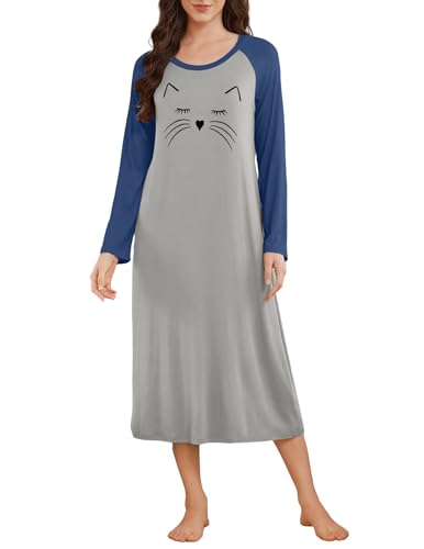 Ekouaer long nightgowns for women Full Length Sleep Shirts Crew Neck Soft Nightshirts Light Grey Cat, M