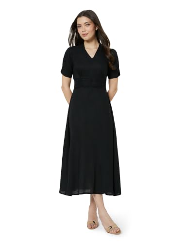 Image of Amazon Brand - Symbol Women's V-Neck Midi Dress | Ruched Waist, Puff Sleeves, A-Line Flared (Available in Plus Sizes)