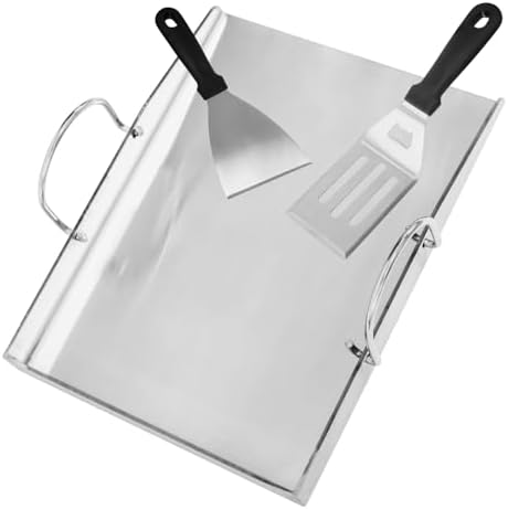 40 x 30 x 4 cm Grillplatte Plancha mit 2 Grillspachtel Set für Gasgrill und Holzkohlegrill, mit Abnehmbar Griffen, Edelstahl 4mm Plancha Grillschale für Grillabende im Freien und F