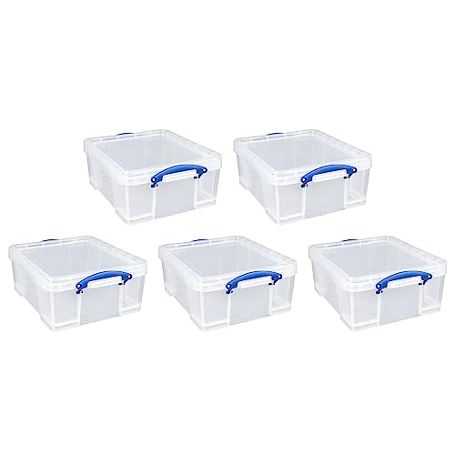 Image of Really Useful Box 5 Pack 17L Plastic Storage Bins with Snap Lids and Clip Lock, Clear