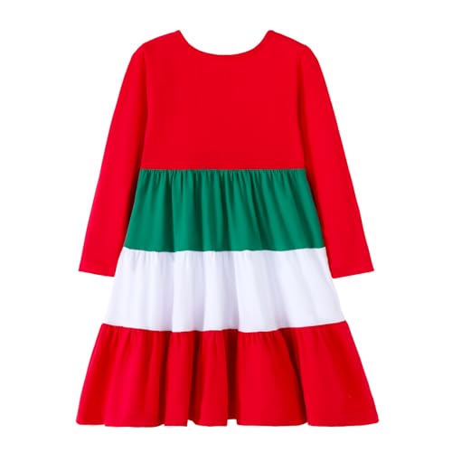 Image of Girl Long Sleeve Dress Ruffle Rainbow Color Block Cotton Casual Tiered Pleated Twirly Dress