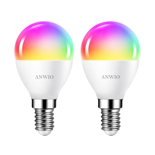 ANWIO Alexa Smart Glühbirnen E14 Wlan LED Lampen Dimmbar Glühbirne 5W 470LM+2700-6500K+RGB 16 Millionen Farben E14 LED Dimmbar Alexa App Steuern Kompatibel mit Google Home Sprachsteuerung 2 Pack