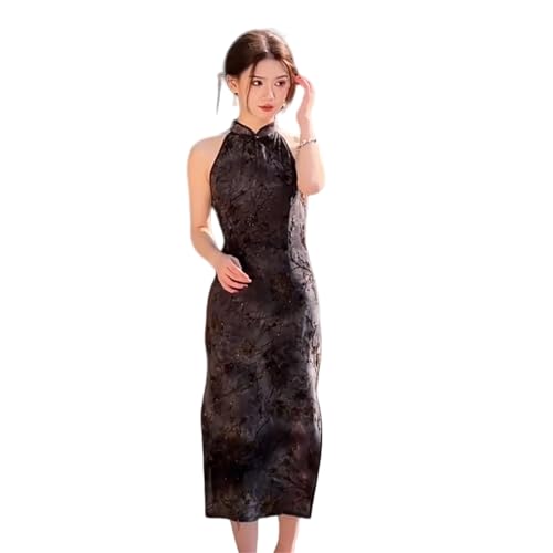 Cheongsam noir tie dye sans manches pour femme | Robe d'été moulante rétro