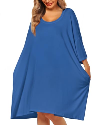 Image of KFUBUO Plus Size Nightgowns for Women Oversized Sleep Tshirts Dress Short Sleeves Sleepwear With Pocket Fit S-5XL