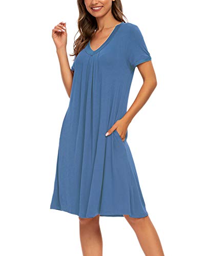 Mintlimit Women's Nightshirt Short Sleeve Nightgown V-Neck Sleepwear Knee Length Pajama Dress With Pockets Loungewear (Blue #2,Size,L) #TOP4