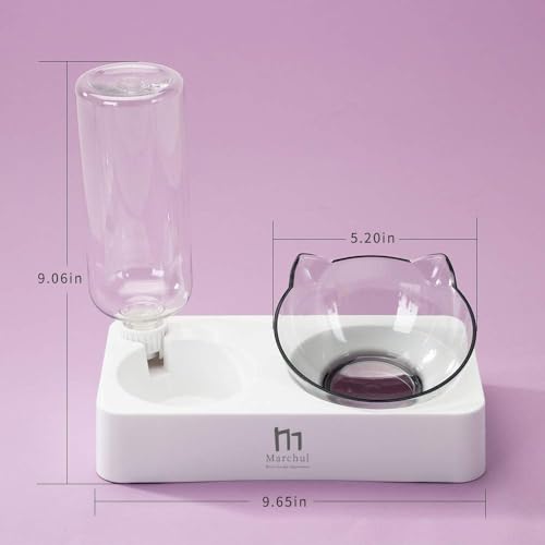 Marchul Katzennapf-Set mit Matte, Futternapf-und Wassernäpfe für Katzen und Kleine Hunde, 15° Neigbar Fressnapf Katze mit Automatischer Wasserflasche (Weiß+Matte)