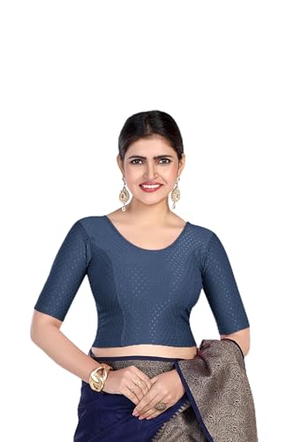 Image of FINESTFIT Round Neck Stretchable Elbow Sleeve Readymade Saree Blouse for Women, 100% Cotton Dobby Fabric