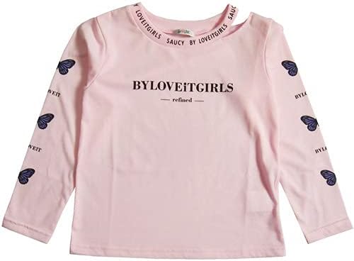 Amazon バイ ラビット 衿スリット 袖蝶プリント ロンt ピンク 長袖 Tシャツ ジュニア キッズ Tシャツ カットソー 通販