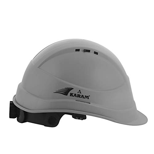 Image of KARAM PN542 Safety Helmet for Men Industrial & Construction Helmet | Ratchet Type Adjustment with Adjustable Chin Strap | Ventilation & Side Slot for Attachment | EN Certified Hard Hat | Apex Grey