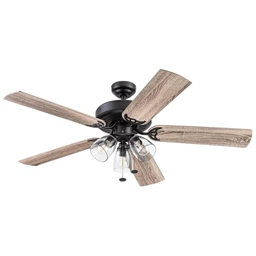 Image of Prominence Home Saybrook 52 Inch Farmhouse LED Indoor Ceiling Fan with Light, Pull Chain Control, 5 Dual Finish Blades, Reversible Motor, Bronze
