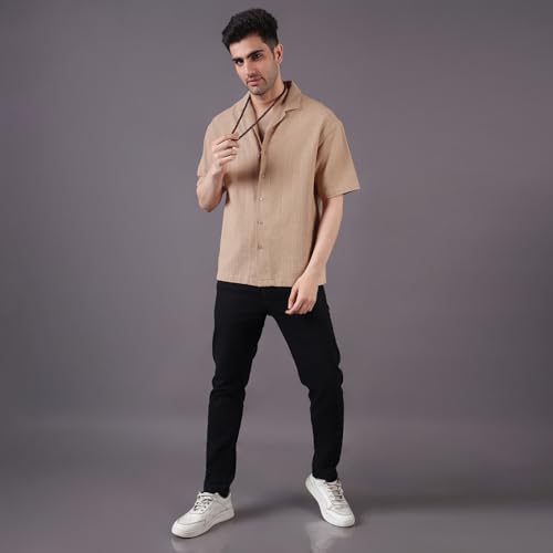 Image of Urban Scottish Men's Shirt, Cotton Dobby, Half Sleeve Oversized Fit, Soft Breathable Fabric, Lightweight Casual Summer Shirt, Stylish Relaxed Wear Khaki
