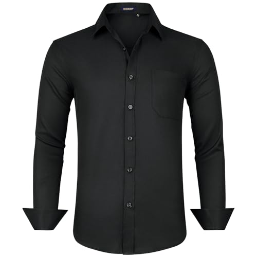 HISDERN Camisa Negro Hombre Manga Larga Formal Camisa Traje Hombre Negro Antiarrugas Camisas Hombre de Boda Negocios Regular Fit XL