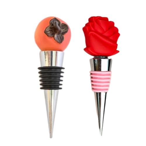 MIEDEON Tapones de vino para botellas de vino, 2 tapones de botella de vino de frutas de imitación, bonita tapa de botella para colección de vino y champán (naranja + rosa, 3.5 x 1 pulgadas)
