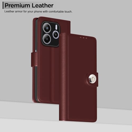 Image of Pikkme Flip Cover Leather Finish | Inside TPU with Card Pockets | Wallet Stand and Shock Proof | Complete Protection Button Flip Case for Redmi Note 14 5G (Brown)