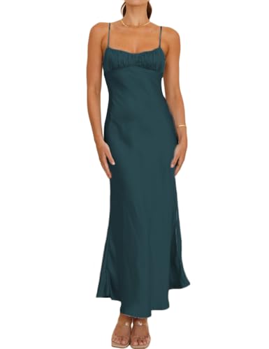 Vestido midi de cetim com alças finas e costas nuas, franzido, to...