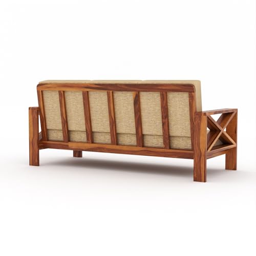 Image of Sheesham Wooden 3 Seater Sofa for Living Room | Rosewood 3 Seater Cushion Sofa X-Legs | Solid Wood Sofa Set for Lounge (3 Seater,Honey)