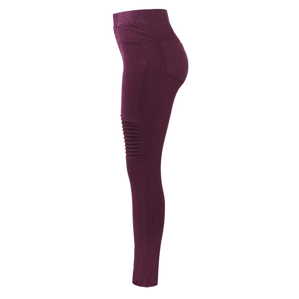 Dninmim Pantalon de moto taille haute plissé en denim pour femme - Rouge vin - Stretch skinny, bordeaux, XXXL
