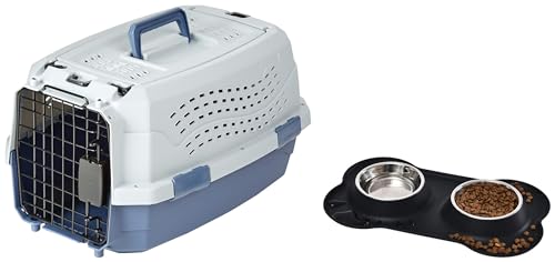 Image of AmazonBasics Two Door Top Load Pet Carrier, Small Size (1 Piece,19-inch) & AmazonBasics Dog Bone Shaped Silicone Pet Bowl Combo Black, for Small Dogs, Puppies and Cats