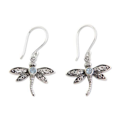 NOVICA Artisan Handmade Blue Topaz Dangle Earrings Sterling Silver Indonesia Placid Serenity Good Luck Birthstone Dragonfly [1.3 in L x 0.9 in W x 0.1 in D] ' Enchanted Dragonfly'