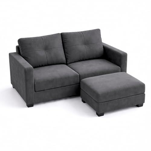 Image of FURNY Heritage 2 Seater Fabric Sofa Set with 1 Ottoman (Dark Grey) with Velvet Finish | Durable Comfort | Ideal for Living Room.