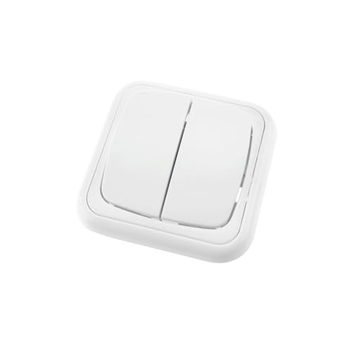 Doble conmutador de superficie 10A/250V, fácil instalación, ideal para controlar iluminación en habitaciones múltiples.