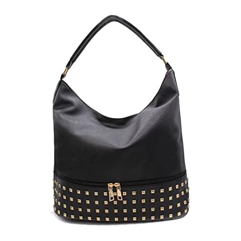 Women's Slouch Rommy Sturdy Vegan Leather Shoulder Bag With Metal Studs And Large Fron Zip Work School Tote Handbag (black) Cover