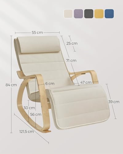 Miniatura 3 de Songmics Silla Mecedora Con Apoyabrazos De Madera De Abedul, Con Reposapiés Ajustable En 5 Posiciones, Capacidad De Carga Máxima 150 Kg, Dormitorio, Salón, Beige Lyy10m
