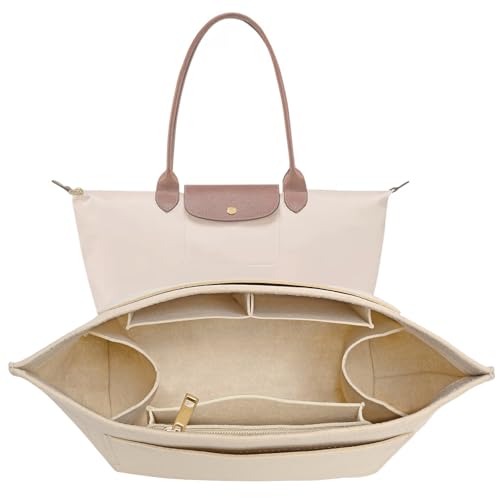 LOUKAYCCI Bolsa organizadora para bolsa Longchamp Le Pliage M, bolsa de feltro longa, bolsa organizadora com bojo (bege, médio)