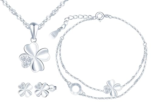 MICMIF Ensemble Bijoux 3 PCS en Argent 925 Collier Trèfle, Bracelet à Chaîne et Boucles D'oreilles Clou avec Zircone, Parures Argent pour Femme, Fête Bijoux en...