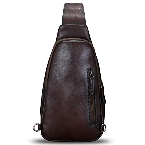 LRTO Genuine Leather Sling Bag Hiking Sling Backpacks Retro Handmade Crossbody Purse Chest Daypack Anti-theft Shoulder Bag (Coffee)3