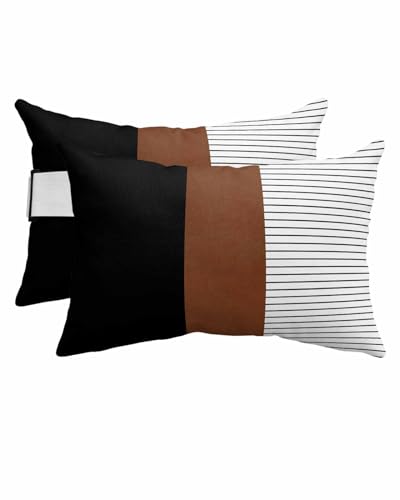 Outdoor Pillows Covers with Inserts Boho Brown and Black Striped Tribal Farmhouse Style Waterproof Pillow with Adjustable Strap Throw Pillows for Patio Furniture Pool Lounge Chair, 12x20 Inch, 2PCS