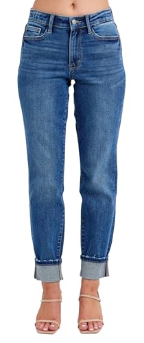 Judy Blue Women's Mid-Rise Vintage Wash Cuffed Boyfriend Jeans