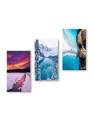 Image of 999STORE Snow Ice Mountains Nature home room decor framed stylish modern wall frames living hanging decorative items (Set of 3 Panels Paper Print 24X15 Inches) MDF3Frames046