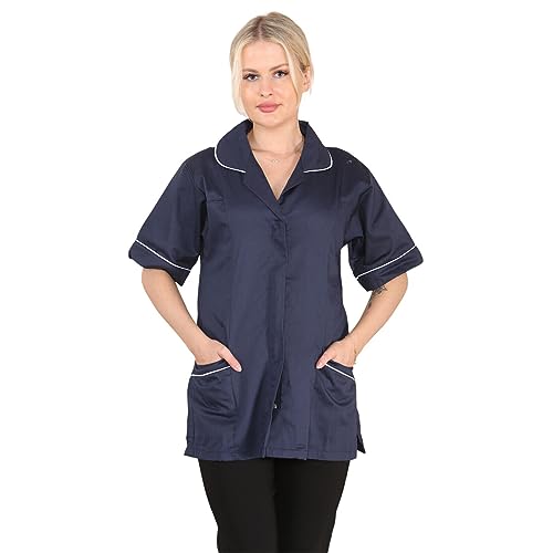Womens Tunic Shirt Ladies Healthcare Doctor Nurse NHS Hospital Clinic Beauty Salon Vet Workwear Short Sleeves Tunics Medical Uniform Carers Casual Blouse Maid Dress Top Lapel Collar(Navy Blue, 16)