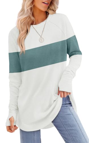 Image of XIEERDUO Womens Tunic Tops to Wear with Leggings Long Sleeve Thumb Hole Shirts Crew Neck Curved Hem