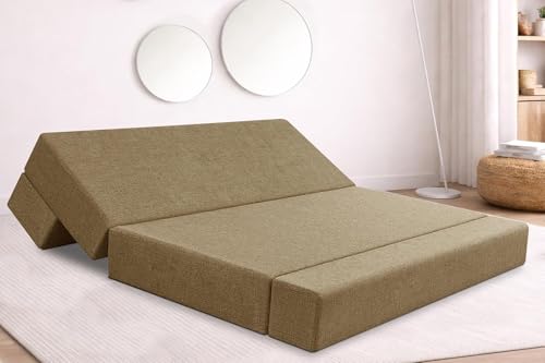 Image of Rosebell Three Seater Foldable Sofa Cum Bed (5x6 Feet) Jute Fabric, Washable Removable Cover Includes 3 Cushion | Space Saving Convertible Sofa Bed for Home, Office & Guests - Golden Color