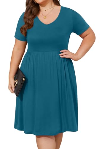 Image of DB MOON Women Plus Size Dresses 2026 Summer Casual V Neck Short Sleeve Knee Length Dress with Pockets