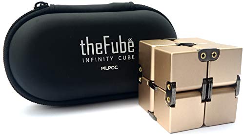 PILPOC theFube Infinity Cube Fidget Desk Toy - Aluminum Infinite Magic Cube with Case, Sturdy, Heavy, Relieve Stress and Anxiety, for ADD, ADHD, OCD (Gold)