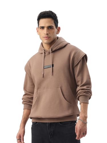 Image of The Souled Store Desert Dune Men and Boys Full Sleeves Hooded Neck Brown Solid Cotton Blend Oversized Fit Winter Hoodie