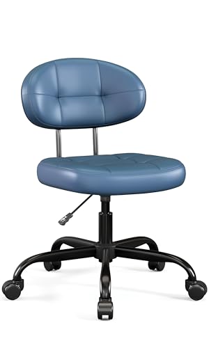 Image of Misolant Vanity Chair with Back, Small Armless Cute Office Chair with Wheels and Lumbar Support, Comfy PU Leather Desk Computer Chairs with Adjustable Height, 360Swivel for Home Bedroom, Navy Blue