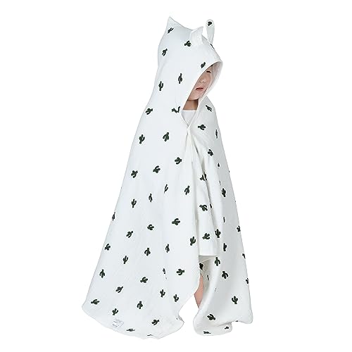 Image of Hooded Towel Muslin Hooded Towel Made from Organic Cotton 6-Layer Cotton Bath Towel, Soft Bath Towels 25x51inches for Toddler Baby Kids Cactus