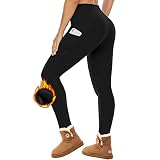 Gayhay Thermo Leggings Damen High Waist mit Taschen Gefüttert Sport Gym Leggins Blickdicht Schwarz Laufhose Thermounterwäsche Winter 34-40 S-M 1er Pack